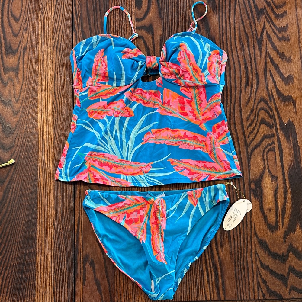 Bright Blue Mynah Tropical Tankini Swim Set with Coral Leaf Print